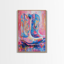 Load image into Gallery viewer, Blue and Pink Cowboy Boots with Floral Background - Framed Canvas Print, Rustic Western Wall Art, Vibrant Boot Art for Home Decor
