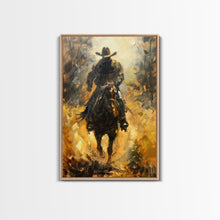 Load image into Gallery viewer, Cowboy Riding Horse into the Distance - Framed Canvas Print, Western Art, Rustic Decor, Living Room Wall Art, Cowboy Themed Art