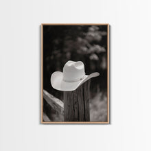 Load image into Gallery viewer, Cowboy Hat on a Wooden Fence Post in Rustic Black and White Photography for Western Home Decor, Canvas Prints, Wall Art for Living Room