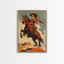 Load image into Gallery viewer, Elegant Cowgirl Commanding Horse | Framed Canvas Print | Western Wall Art | Living Room Decor | Rustic Home Decor