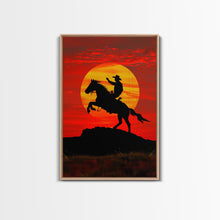 Load image into Gallery viewer, Dynamic Cowboy Horse Ride Silhouette at Sunset | Framed Canvas Print | Western Wall Art | Sunset Horseback Wall Art for Home Decor