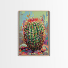 Load image into Gallery viewer, Bold Barrel Cactus Art with Red Spines - Framed Canvas Print, Vibrant Desert Decor, Living Room Art, Cactus Wall Art for Home