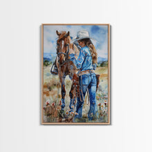 Load image into Gallery viewer, Cowboy on Rearing Horse Silhouette - Framed Canvas Print, Western Wall Art, Rustic Decor, Living Room and Bedroom Art Print