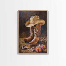 Load image into Gallery viewer, Classic Cowboy Hat and Boots Art - Framed Canvas Print, Rustic Bedroom Decor, Cowboy Themed Wall Art for Home, Western Artwork