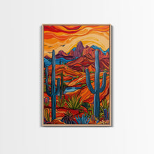 Carregar imagem no visualizador da galeria, Framed Canvas Print, Bright Desert Landscape with Cacti and Mountains, Perfect Wall Art for Living Room or Bedroom