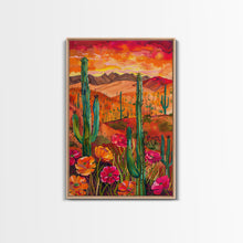 Carregar imagem no visualizador da galeria, Framed Canvas Print, Vibrant Desert Landscape with Flowers and Cacti, Perfect Wall Art for Living Room or Bedroom Decor