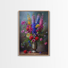 Load image into Gallery viewer, Dramatic Floral Vase Art on Rich Background - Framed Canvas Print, Bold Flower Decor for Living Room, Botanical Artwork, Floral Wall Art