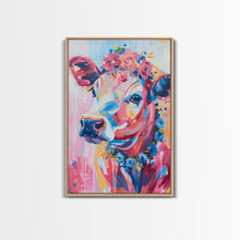 Cargar imagen en el visor de la galería, Floral Crowned Cow Portrait - Whimsical Farmhouse Wall Art, Vibrant Animal Painting, Bedroom Decor, Cute Cow Canvas Print