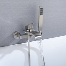 Carregar imagem no visualizador da galeria, Brushed Nickel Waterfall Wall-Mount Bath Tub Filler Faucet: Complete with Handheld Shower for a Luxurious Bathing Experience