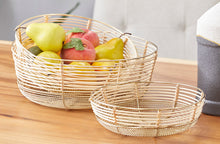 Carregar imagem no visualizador da galeria, Round Coastal Metal and Bamboo Bowls with Gold Finish, Set of 3