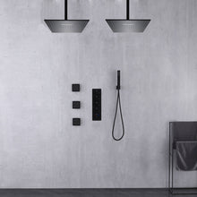 Cargar imagen en el visor de la galería, 12 inch or 16 inch Matte Black Rainfall or Rainfall Waterfall Shower System - 4-Way Thermostatic Rough-in Valve with Invigorating Body Jets