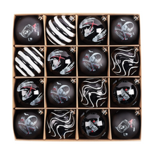 Load image into Gallery viewer, Black Gothic 16-Piece Baubles with Skulls, Skeleton Hands, Horror Prints & Striped Designs