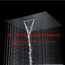 Cargar imagen en el visor de la galería, 12 inch or 16 inch Matte Black Rainfall or Rainfall Waterfall Shower System - 4-Way Thermostatic Rough-in Valve with Invigorating Body Jets