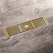 Cargar imagen en el visor de la galería, 12-Inch Brushed Gold Rectangular Floor Drain - Square Hole Pattern Cover Grate - Removable - Includes Accessories
