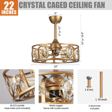 Carregar imagem no visualizador da galeria, 22" Kashmir Modern Glod Reversible Crystal Fandelier Ceiling Fan with Lighting and Remote Control