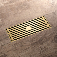 Cargar imagen en el visor de la galería, 8 x3 Inch or 4 x 4 inch Shower Linear Brushed Gold Drain Rectangular Floor Drain with Accessories Square Hole Pattern Cover Grate Removable Brushed Gold Brass