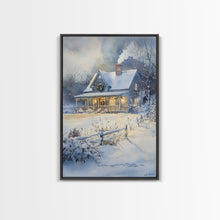 Cargar imagen en el visor de la galería, Christmas Cottage Wall Art, Framed Canvas Print, Winter Wonderland Landscape Print