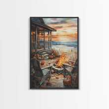 Load image into Gallery viewer, Beach Campfire On The Fall, Framed Canvas Print, Boho Beach Art Nautical Decor, Modern Christmas / Thanksgiving Gift Wall Art