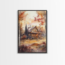 Load image into Gallery viewer, Beautiful Woods Cabin Framed Canvas Print, Extra Large Fall Decor, Mid Century Modern Autumn Wall Art, Modern Christmas