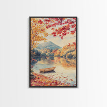 Carregar imagem no visualizador da galeria, Canoe On A Serene Fall Lake, Framed Canvas Print, Autumn Decor, Fall Wall Art, Fall Poster, Autumn Prints Wall Art