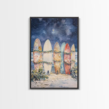 Cargar imagen en el visor de la galería, Christmas Surfboards On A Snowy Beach, Framed Canvas Print, Tropical / Nautical Christmas Art or Gift Idea, Christmas Poster
