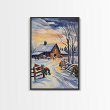 Load image into Gallery viewer, Christmas On The Farm, Winter Wall Art Framed Canvas Print, Gift Idea, Seasonal Decor, Barn Painting, Farmhouse Art