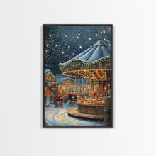 Load image into Gallery viewer, Christmas Carousel at a Snowy Night Market with Festive Lights and Ornaments, Framed Canvas Print for Christmas Wall Decor