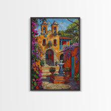 Cargar imagen en el visor de la galería, Bright Mexican Style Tall Art Framed Canvas Print Depicting Ornate Blue Door And Rustic Courtyard