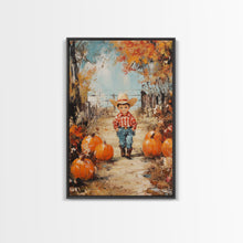 Carregar imagem no visualizador da galeria, Autumn Cowboy Decor Canvas Print with Pumpkins, Fall Holiday Wall Art and Seasonal Gift Idea 2024