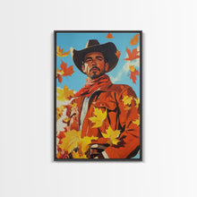 Load image into Gallery viewer, Autumn Cowboy Holiday Decor Framed Canvas Print with Leaves, Colorful Seasonal Wall Art Gift Idea 2024
