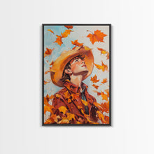 Load image into Gallery viewer, Cowboy Fall Decor Canvas Print with Windblown Leaves, Rustic Farmhouse Autumn Holiday Wall Art Seasonal Gift Idea 2024