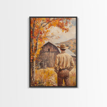 Carregar imagem no visualizador da galeria, Autumn Cowboy Barn Framed Canvas Print - Fall Harvest Country Wall Art Best Gift Idea 2024 Rustic Farmhouse Decor
