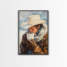 Load image into Gallery viewer, Cowboy Drinking Hot Cocoa Framed Canvas Print - Cozy Winter Wall Art 2024 Rustic Christmas Decor and Gift Idea