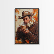 Load image into Gallery viewer, Cowboy with Coffee Mug in Autumn Framed Canvas Print - Fall Country Wall Art 2024 Rustic Home Decor and Gift Idea