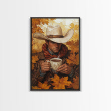 Load image into Gallery viewer, Cowboy Holding Hot Drink Framed Canvas Print - Moody Winter Landscape Art Perfect 2024 Christmas Wall Decor