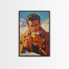 Load image into Gallery viewer, Cowboy Drinking Coffee in Winter Cabin Framed Canvas Print - Cozy Christmas Wall Art 2024 Rustic Holiday Decor