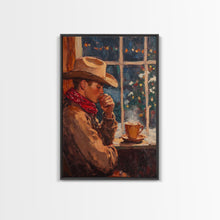Load image into Gallery viewer, Cowboy in Snow with Coffee Framed Canvas Print - Winter Country Scene Art 2024 Cozy Christmas Wall Decor and Gift Idea