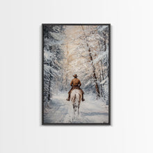 Cargar imagen en el visor de la galería, Cowboy by Window with Coffee Framed Canvas Print - Cozy Christmas Wall Art 2024 Rustic Holiday Decor and Gift Idea
