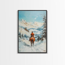 Load image into Gallery viewer, Cowboy Riding Through Snowy Mountains Framed Canvas Print Christmas Wall Art Winter Wonderland Decor Seasonal Wall Art Christmas Gift Idea