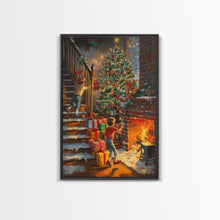 Cargar imagen en el visor de la galería, Children Hanging Stockings By The Fireplace Framed Canvas Print Tall Art With Christmas Tree, Nostalgic Christmas Wall Art Holiday Decor