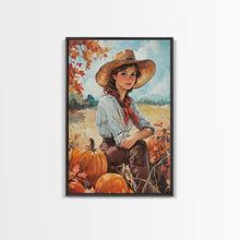 Load image into Gallery viewer, Country fall harvest framed canvas print pumpkins and a serene autumn landscape perfect seasonal wall art for rustic farmhouse home decor
