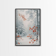 Carregar imagem no visualizador da galeria, Canvas Print of Winter Wonderland with Red Leaves in Snow, Winter Wall Art, Best Gift Idea, Moody Landscape, Christmas Home Decor