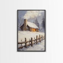 Load image into Gallery viewer, Rustic Cabin In Snow Framed Canvas Print Wall Art Christmas Home Decor, Winter Landscape Art, Cozy Winter Cabin Scene