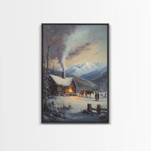 Load image into Gallery viewer, Mountain Cabin In Snow With Horses Framed Canvas Print Wall Art Rustic Winter Decor, Country Christmas Art, Winter Wonderland Scene