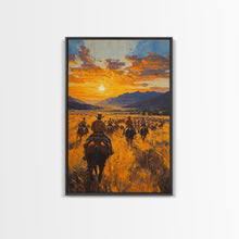 Load image into Gallery viewer, Cowboy Riders at Dusk Framed Canvas Print, Warm Sunset Western Scene with Riders on the Plains, Fall Decor Ranch Homes and Country Wall Art