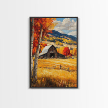 Load image into Gallery viewer, Countryside Barn in Autumn Framed Canvas Print, Bright Fall Landscape Birch Trees, Rustic Wall Art Country Home or Farmhouse Autumn Decor