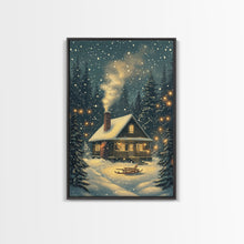 Load image into Gallery viewer, Cozy Cabin in Snowy Winter Forest, Warm Christmas Lights and Peaceful Holiday Scene, Perfect for Winter Wall Art, Framed Canvas Print