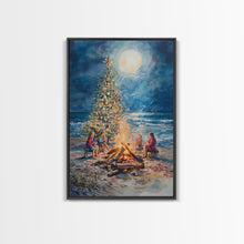 Cargar imagen en el visor de la galería, Christmas by the Bonfire Framed Canvas Print Family Gathering Around Christmas Tree Beach, Coastal Holiday Wall Art Nautical Christmas Decor