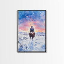 Load image into Gallery viewer, Cowboy riding through snowy sunset, Framed Canvas Print, winter landscape wall art, western decor for above sofa, rustic holiday decor