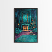 Load image into Gallery viewer, Cozy living room with Christmas tree and fireplace, Framed Canvas Print, Christmas wall art, perfect modern farmhouse holiday decor